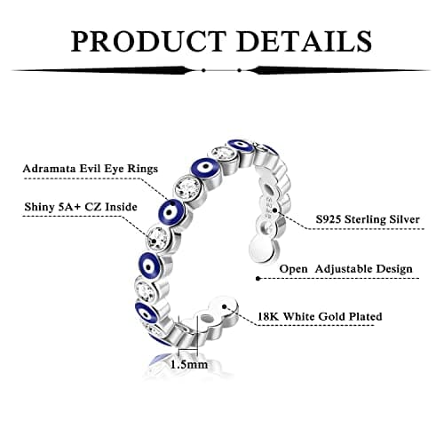 Adramata Bagues en Argent Sterling 925 Bleu Mauvais Œil Protection pour Femme Mode Hamsa Bijoux Reglables Recycled