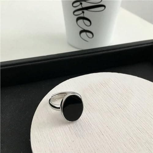 GleaMora S925 Argent Minimaliste Réglable Bague Personnalisée Femmes Ovale Noir Léger Luxe
