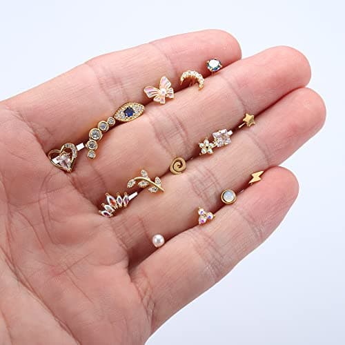 Adramata Acier Chirurgical Oreille Piercing pour Femme 16Pcs 16G Tragus Cartilage Fleur Papillon Conque Helix Bijoux Rec