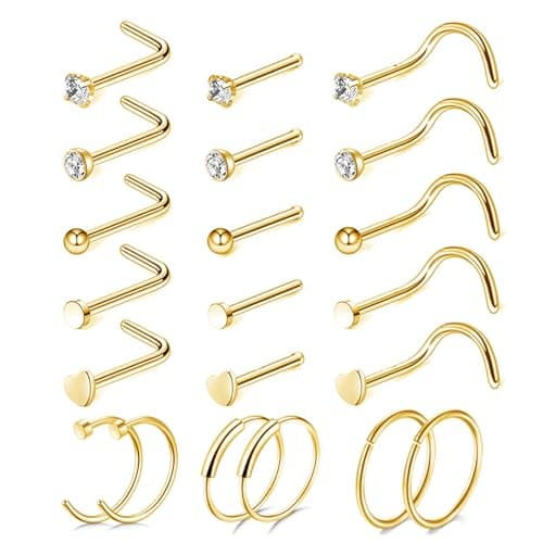LOCCY Piercings Nez en Acier Inoxydable Bijoux pour Femmes et Hommes - Anneau de Nez 21-30 Pièces 20G Or Argent CZ L/Vis