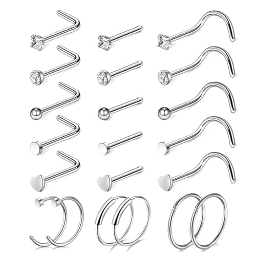 LOCCY Piercings Nez en Acier Inoxydable Bijoux pour Femmes et Hommes - Anneau de Nez 21-30 Pièces 20G Or Argent CZ L/Vis — 21 Pièces-Argent 1
