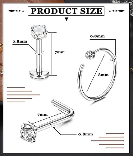 Adramata Élégants Piercings au Nez pour Femme et Homme - 20PC Acier Chirurgical 2MM CZ Coeurbijoux Recyclé Standard 100