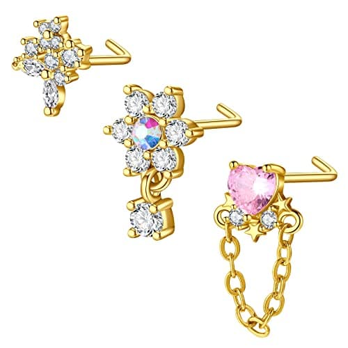Mayhoop Piercing Nez en Acier Chirurgical pour Femme et Homme - Coeur Fleur Papillon Ramure - 20G - Disponible en Argent — 3pcs-doré L-set2