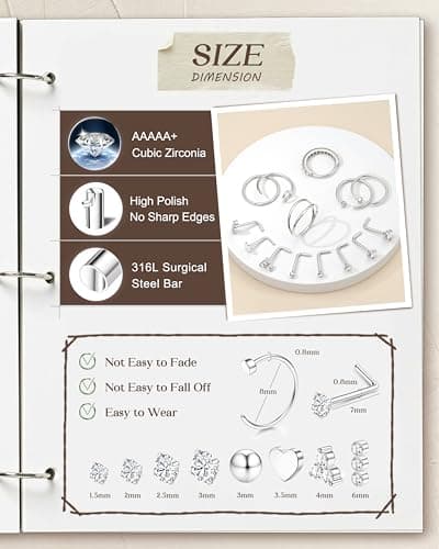 CASSIECA Piercing Nez en Acier Chirurgical pour Femmes et Hommes - Bijoux de Septum Or et Argent, Zircone, 14 Pièces, 20