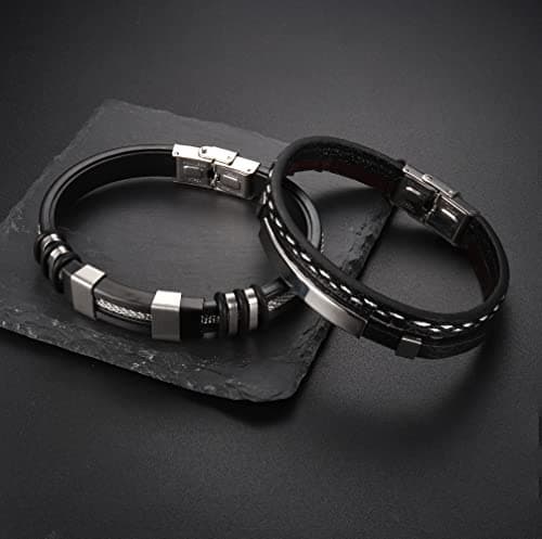 Adramata Bijoux Homme Cuir Noir Recycled 2PCs Bracelets Homme Anniversaire Cadeau Fête des Pères