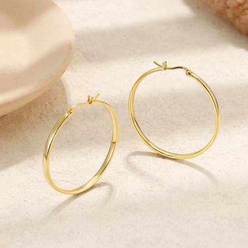 Adramata Boucles d'Oreilles Créoles Argent pour Femme et Homme - Plaquées Or 14 Carats Hypoallergéniques - Poteau Sterli