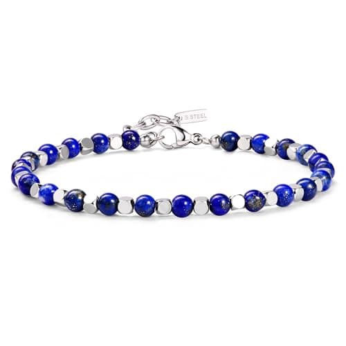 Bracelet Chriscoco Homme Femme Perle Pierre Naturelle Turquoise Oeil de Tigre 4MM Argent Acier Inoxydable Modeㇼ fashiona — Lapis-lazuli
