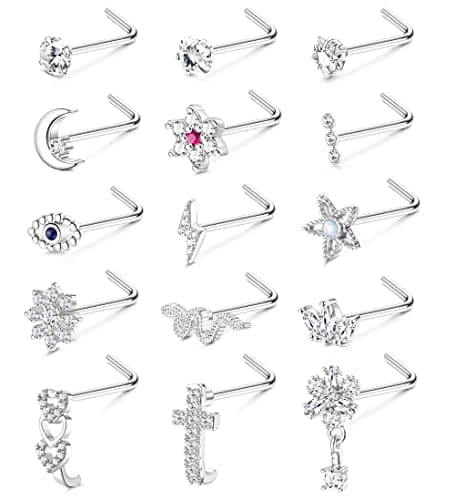 Adramata 15 Pcs Piercing Nez en Acier Chirurgical pour Femme et Homme - L/Vis en Forme de Serpent | Fleur Clous de Nez A — Argent-L en Forme