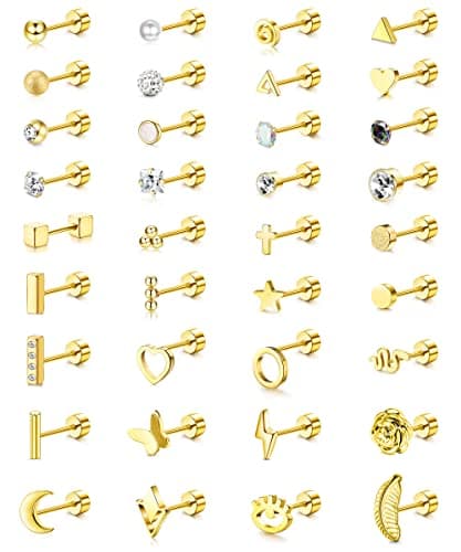 Adramata 36 Pcs Boucles D'Oreilles à Vis Acier Inoxydable pour Femmes et Hommes Mode d'Accessoires de Piercage Recyclés — Or