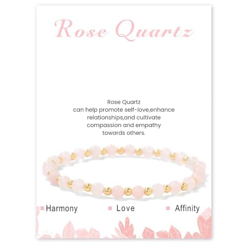 Bracelet Pierre Naturelle Uwiyo Femme 4mm Plqué Or Cristal Anniversaire Fête des Mères Noël — élastique-Quartz Rose