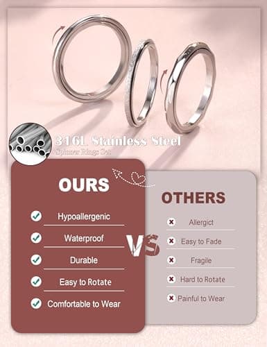 Adramata Anti Stress 3 Pces Bague Femme Acier Inoxydable pour Homme 316L Bague Spinner Recycled Claim Standard 100