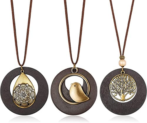 Adramata Pendleton 3pcs Pendentif Bois Vintage Femmes Chaîne Cuir Recycled