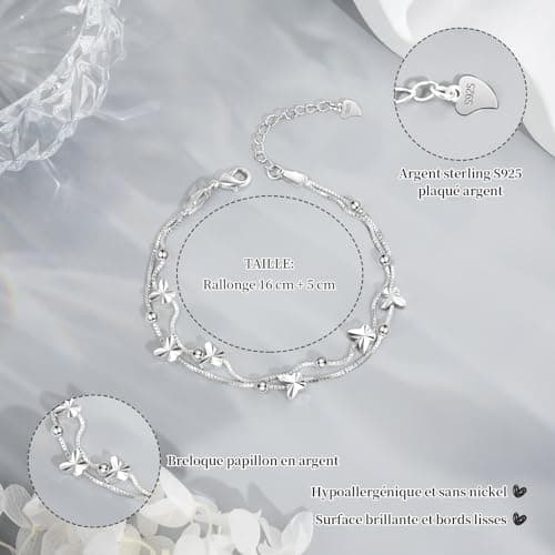 Bracelet argent 925 YELUWA pour Femme, Réglable en Couches et decorated avec Papillon, Idéal en Cadeau d'Anniversaire po