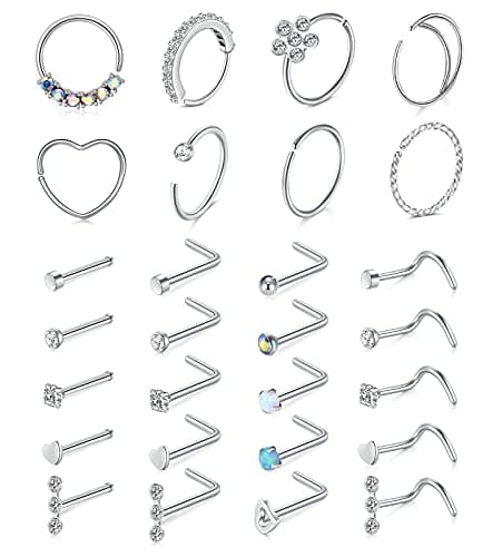 Mayhoop Piercing Nez en Acier Chirurgical pour Femme et Homme - Coeur Fleur Papillon Ramure - 20G - Disponible en Argent — A030 : 28 pièces - Argent