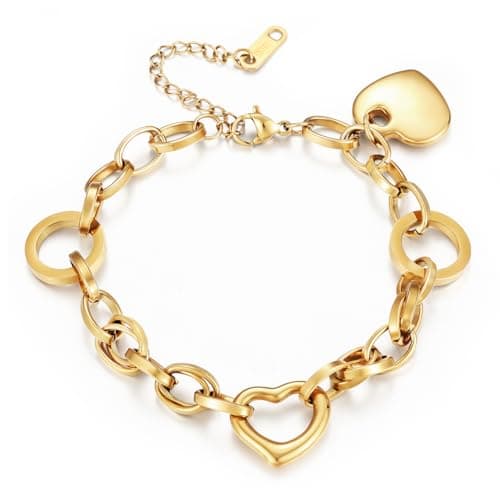 Emibele Bracelet en Forme de Cœur Exquis pour Femmes, Bijoux en Acier Inoxydable Filigrané, Chaîne Gravable avec Fermetu — Or