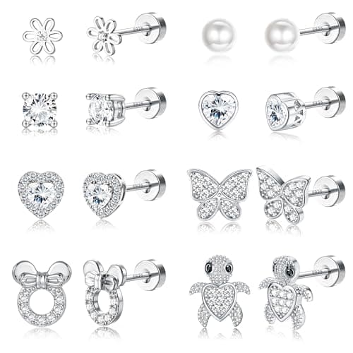 Adramata Boucles d'Oreilles Argent 925 Filles Femme Hypoallergéniques Fer Boucle d'Oreille Sensibles Fleur Coeur Papillo — Argent