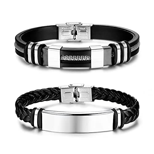 Adramata Bijoux Homme Cuir Noir Recycled 2PCs Bracelets Homme Anniversaire Cadeau Fête des Pères — B