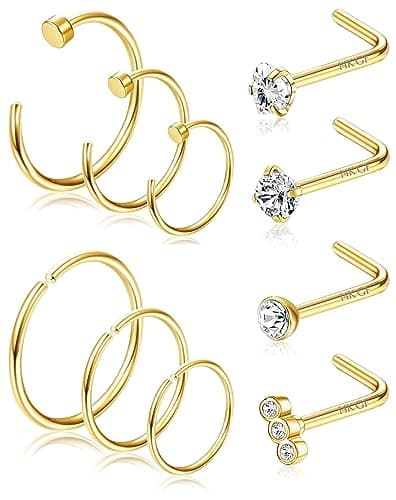 Adramata Piercings au Nez Or 14k Femme Homme 10 Pièces 20G Piercing Rond CZ Coeur Bijoux Percing Or Argent Épingles de N — Anneau de nez A, Or