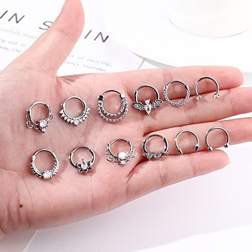 Adramata Nez Anneaux Piercing pour Femmes Septum Piercing Nez Ensemble Accueillant 12PCS Acier Chirurgical Opales CZ