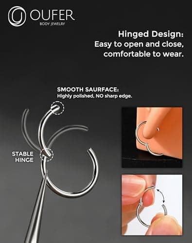 OUFER Piercings Nasals En Acier Chirurgical 316L pour Femmes Nose Hoop Noir 5/6/7/8/9/10/12 mm bijoux de Piercing Corpor