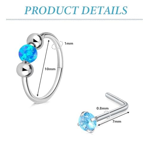 LAURITAMI Opal piercing nez anneau mince 18G, connecteur acier chirurgical 20G piercing nez spirale, set pour piercing n