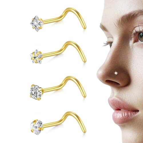 LAURITAMI 20G Piercing Nez Acier Inoxydable Or Argent, L Spirale Droit Forme Percing Narine Bijoux de Percing pour Femme — Or 20G Connecteur nez-vis-4pcs