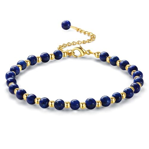 Bracelet Naturel en Pierre de 5MM Plqué Or pour Femme Bracelet Bohème en Acier Inoxydable de 3MM pour Femme Bracelet en — Bleu