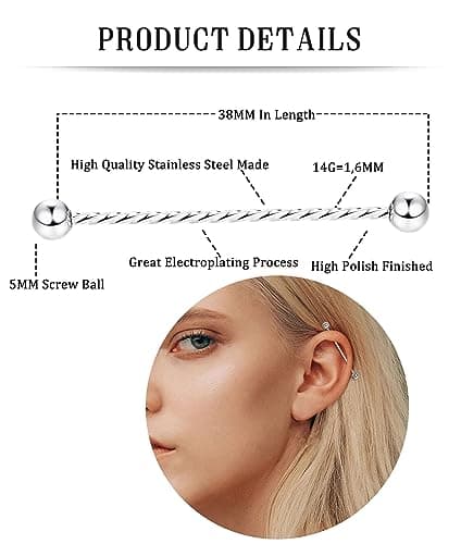 Piercings Industriels Adramata 14G 16G Acier Chirurgical Bijoux Cartilage Helix Or et Argent Recyclés Standard 100