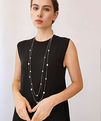 FULU Élégance Collier Long en Argent pour Femme Bijou de Mode à Double Pendentif en Perles de Cristal Cadeau pour Femmes