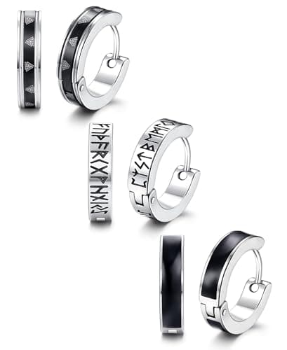 Adramata Lot de 3 paires de boucles d'oreilles créoles viking en acier inoxydable - Homme et Femme - Noir - Diamètre int