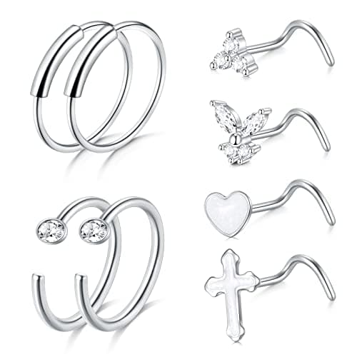Mayhoop Piercing Nez en Acier Chirurgical pour Femme et Homme - Coeur Fleur Papillon Ramure - 20G - Disponible en Argent — 8pcs-silver-vis Stud-style2