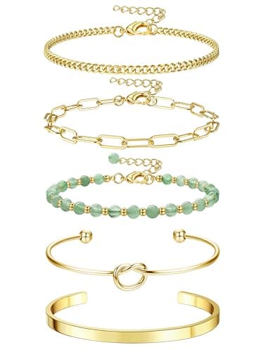 Adramata Chaînes Bijoux Femme Or Acier Inoxydable Plaqué 14K Réglable Imperméable Fantaisie Pierre Naturelle 5 Pièces