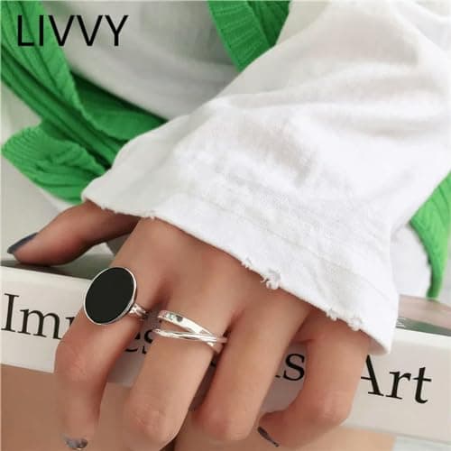 GleaMora S925 Argent Minimaliste Réglable Bague Personnalisée Femmes Ovale Noir Léger Luxe