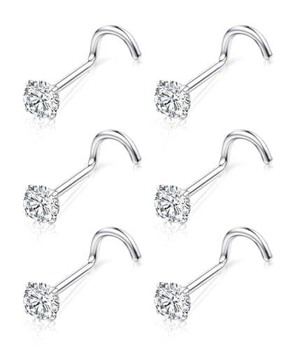 Chriscoco Piercing Nez Titane 6 Pièces Or Argent 18G 20G Cubique Zircone CZ Forme L 3mm — 3mm, vis, 20G, titane argent