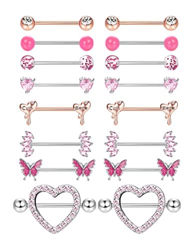 Adramata 8 Paires de Piercing de Mamelon en Acier Chirurgical pour Femmes - Coeur Papillon - Recycled Claim - Standard 1 — Rose