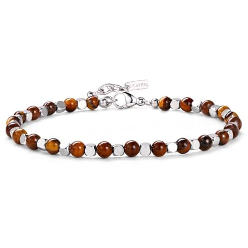Bracelet Chriscoco Homme Femme Perle Pierre Naturelle Turquoise Oeil de Tigre 4MM Argent Acier Inoxydable Modeㇼ fashiona — Œil de Tigre Marron