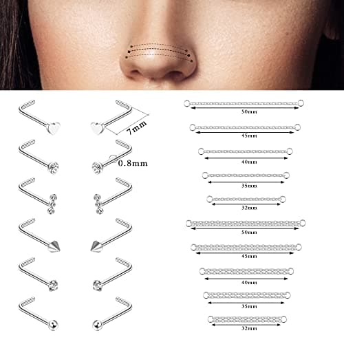 Adramata 12Pcs Nez Anneau + 10Pcs Chaîne de Nez pour Double Piercing de Femmes et Hommes - Acier Chirurgical 20G Recycle