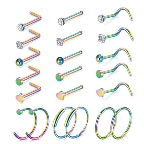 LOCCY Piercings Nez en Acier Inoxydable Bijoux pour Femmes et Hommes - Anneau de Nez 21-30 Pièces 20G Or Argent CZ L/Vis — 21 Pièces-Coloré