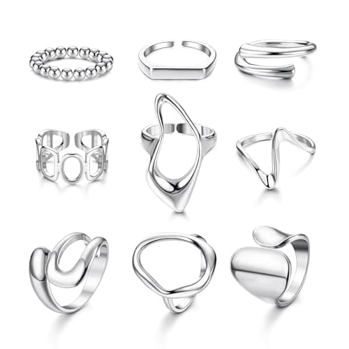 LOLIAS Or Plaqué 18K Rétro Bagues Femmes Filles Épais Ouvert Dôme Réglable 9 Pièces Ensemble Élégant Accessoire — Argent
