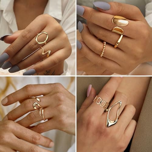 LOLIAS Or Plaqué 18K Rétro Bagues Femmes Filles Épais Ouvert Dôme Réglable 9 Pièces Ensemble Élégant Accessoire