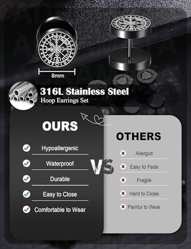 Adramata Piercings Acier Inoxydable Boucles d'Oreilles pour Viking Homme 10 Paire 10mm Cartilage Tragus Recycled Claim S