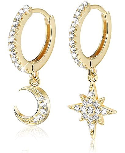 Adramata Boucles D'Oreilles Femme Argent 925 Hypoallergéniques Étoile Lune Boucles D'Oreilles Cartilage Huggie Piercing — Creoles Zircone Cubique, Or