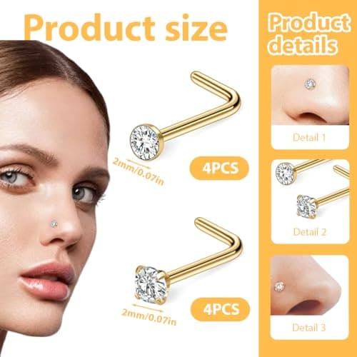 IKOPFLN Piercings Nez 8 Pièces Acier Chirurgical 316L 2 mm Zircone Cubique Or Piercings de Nez Bijoux