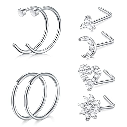 Mayhoop Piercing Nez en Acier Chirurgical pour Femme et Homme - Coeur Fleur Papillon Ramure - 20G - Disponible en Argent — 8pcs-silver-l Stud-style1