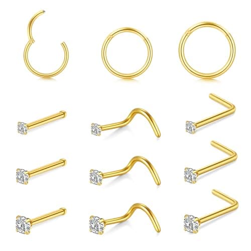 AceFun piercing nez argent or, anneau mince pour femmes et hommes, forme L petit nez stud 20G Strassbijoux — D-12pcs mélange forme-or