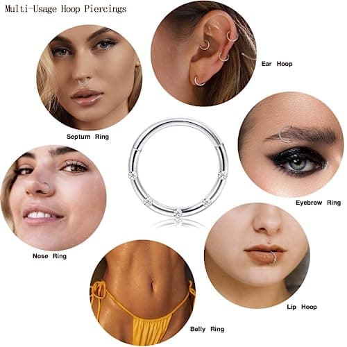 Adramata 9 PiècesAnneaux de Septum 16G Acier Chirurgical Opale CZ pour Femme Hommeavec Bijoux de Piercings 8MM 10MM Recy