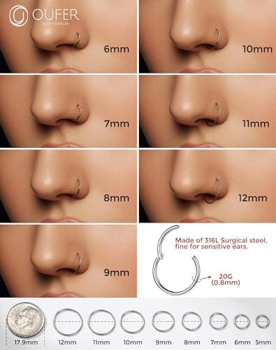 OUFER Piercings Nasals En Acier Chirurgical 316L pour Femmes Nose Hoop Noir 5/6/7/8/9/10/12 mm bijoux de Piercing Corpor