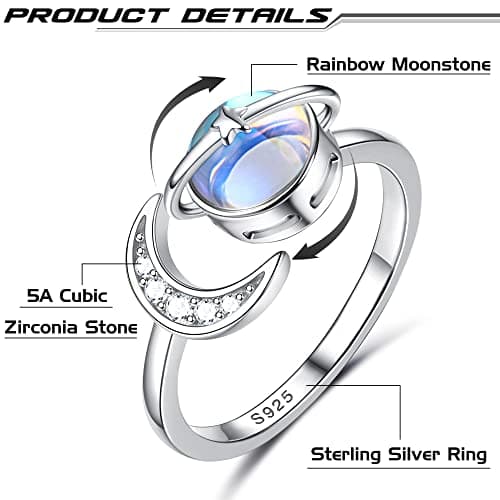 Bague Anti Stress Adramata Femme Argent Sterling 925 Pierre de Lune CZ Anxiety Bague Réglable Étoile Lune Spinner Fidget