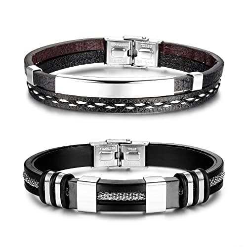 Adramata Bijoux Homme Cuir Noir Recycled 2PCs Bracelets Homme Anniversaire Cadeau Fête des Pères