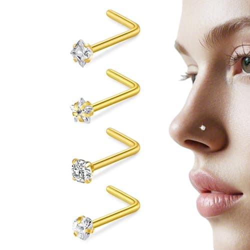 LAURITAMI 20G Piercing Nez Acier Inoxydable Or Argent, L Spirale Droit Forme Percing Narine Bijoux de Percing pour Femme — Or 20G Connecteur nez - forme L- 4pcs